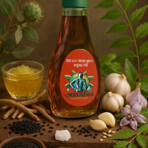 Oramlin herbal pain relief oil bottle with natural ingredients like garlic, neem, black seed, and ayurvedic herbs placed on a wooden table